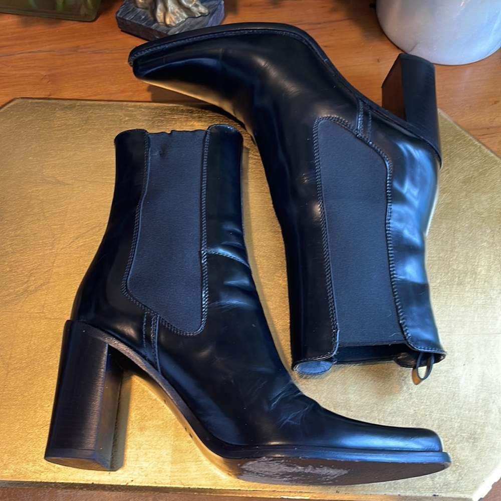 Miu Miu Block Heel Booties in Black Patent Leather